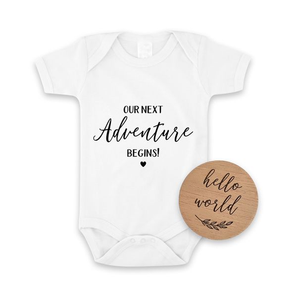 Greatest Adventure Begins Pregnancy Announcement Onesie &amp; Hello World Disc