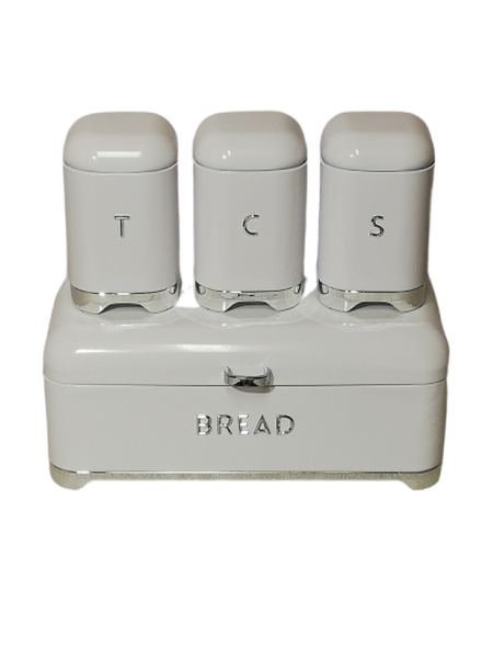 Bread Bin &amp; Canister Set 4pc Retro White &amp; Silver