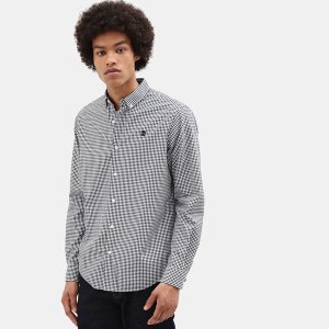 Men Black &amp; White Cotton Long Sleeve Suncook River Poplin Med Gingham Shirt