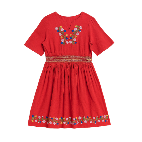 Girls Red Embroidered Viscose Dress