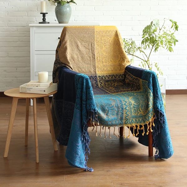 Chenille Blanket Vintage Jacquard Sofa Cover Decorative Throws - Yellowblue
