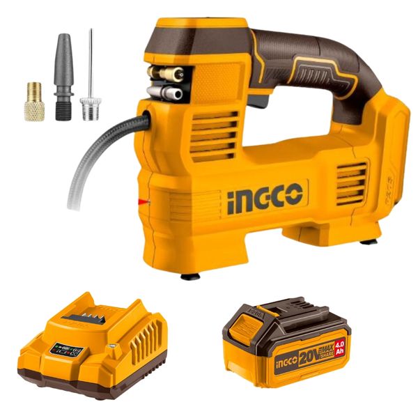 Ingco - Li-ion Cordless Auto Compressor 20V with 4Ah Battery and charger