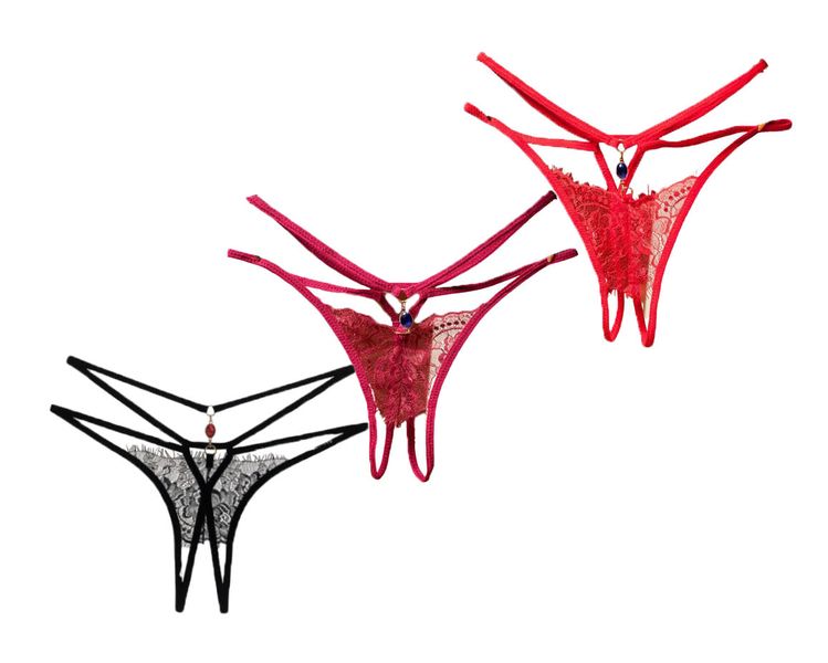 Ladies Double Hip Strap Crotchless Thong - 3 Pack