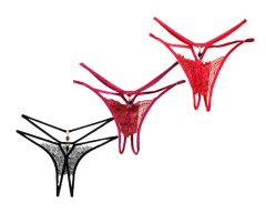 Ladies Double Hip Strap Crotchless Thong - 2XL-3XL - 3 Pack