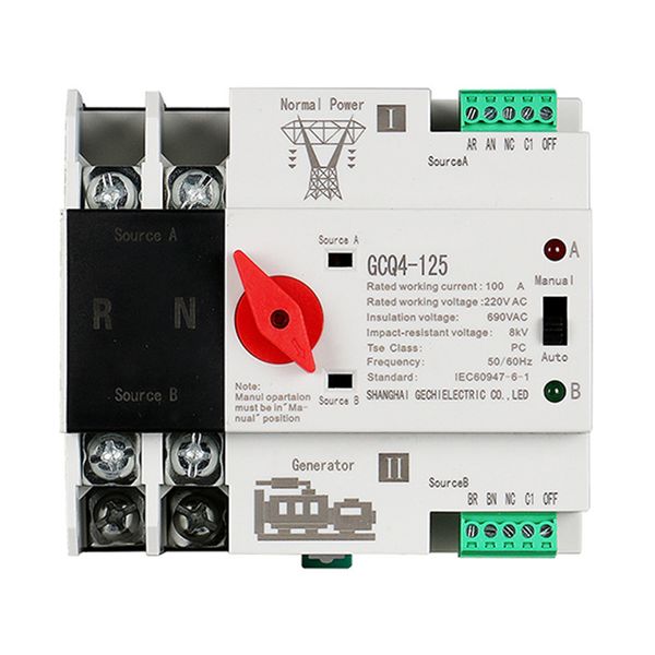 Single Phase Din Rail ATS PC Dual Power Transfer Switch 2P 100A