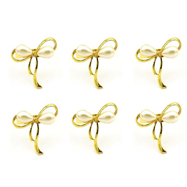 Set of 6 Gold and Pearl Bow Napkin Rings