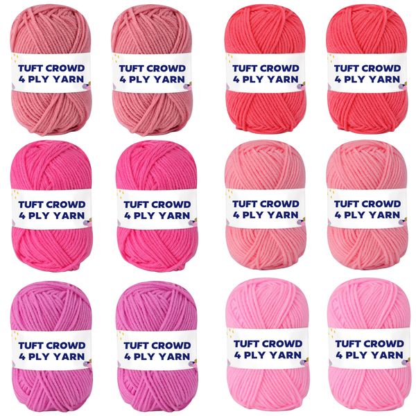 TUFT CROWD - Pink Yarn, 4-ply Tufting Yarn ( 12 x 25g ) , Knitting Yarn