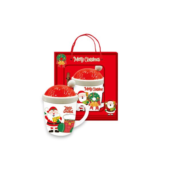 White Merry Christmas Gift Cup With Lid and Stainless Steel spoon
