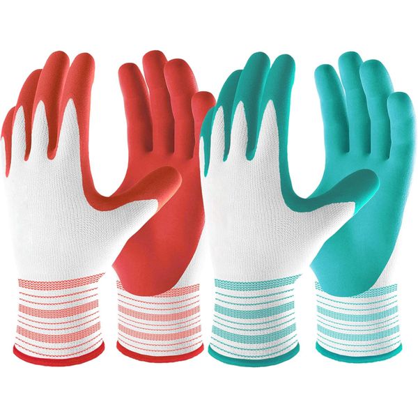 QYNIAL 2 Pairs Women's Gardening Gloves - Durable Rubber Coated Red &amp; Green