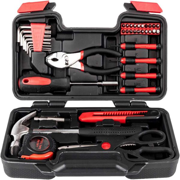 39 Piece Household Red Hand Tool Set Hardware Hammer Pliers Screwdriver