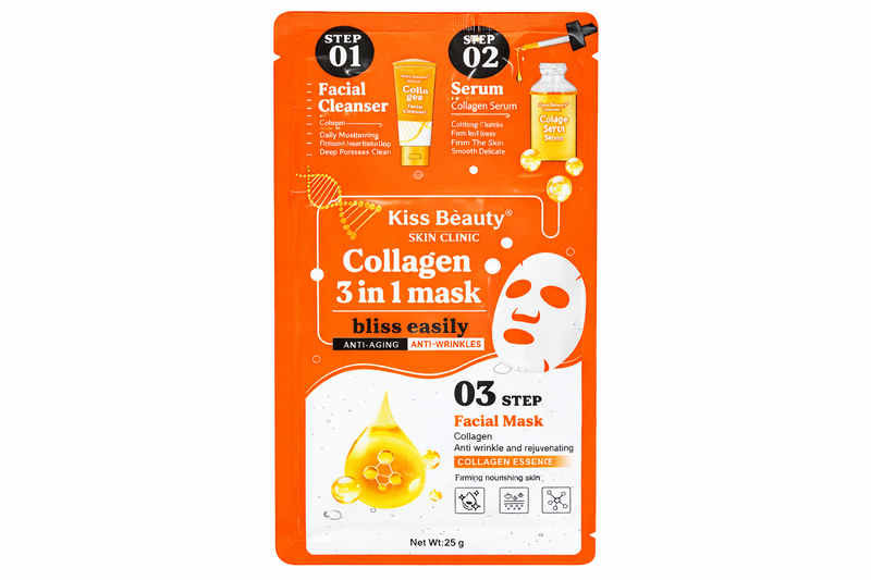 Kiss Beauty Collagen 3 Step Facial Mask Cleanser Serum Sheet Mask 5 Pack