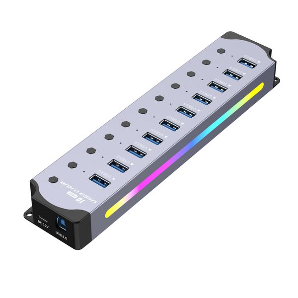 10-in-1 Powered USB Hub with Individual Switches and RGB Lighting