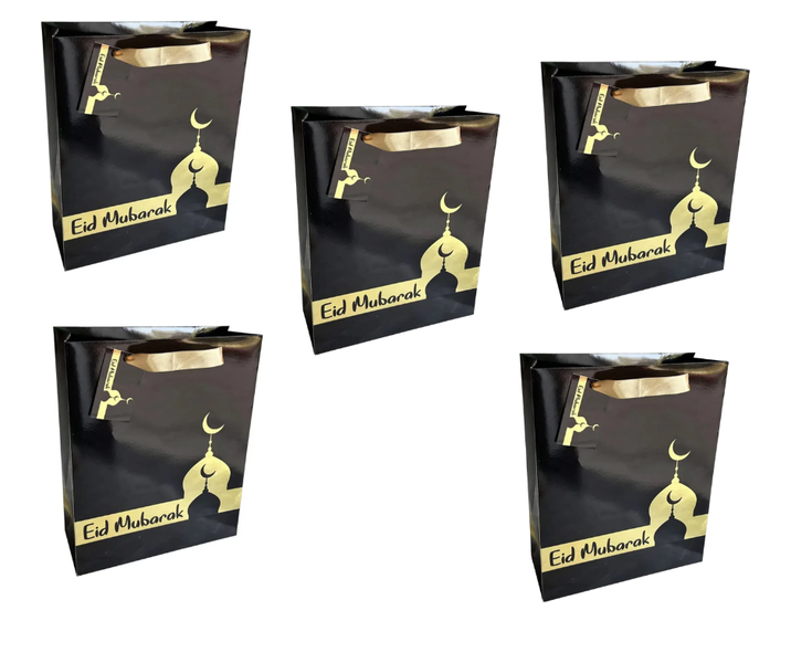 Eid Mubarak Gift Bag - Black &amp; Gold Foil Print Design - 5 Pack