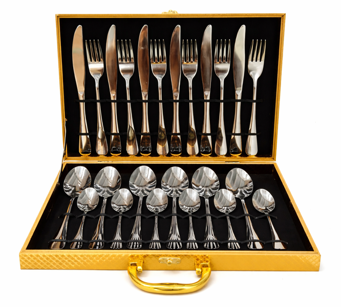 Luxury 24-Piece Stainless Steel Cutlery Set in Golden Gift Case