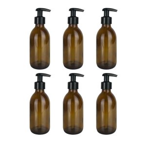 Amber Glass Bottle with Dispenser Lotion Pump - 200ml x 6