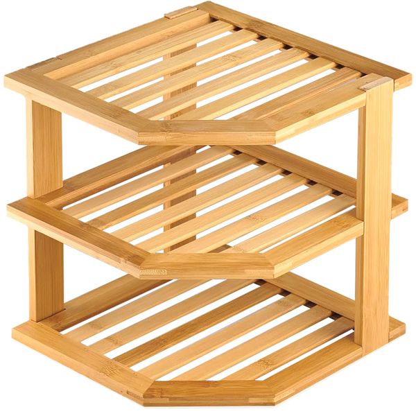 3 Tier-Bamboo Plate Organiser For Cupboard Cabinet &amp; Bathroom Corner Shelf