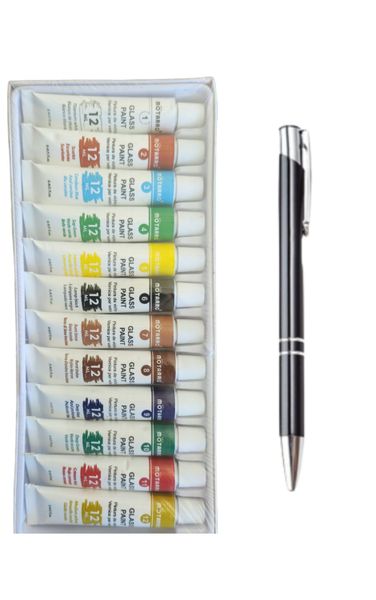 Glass Arts And Crafts Paint Set 12 Colours And 12ml Tubes With Added Pen