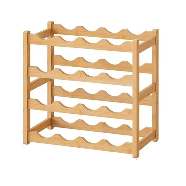 Natural Bamboo 16 Bottle Free Standing Wooden 4 Tier Wine Rack