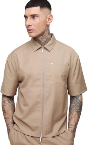 boohooMAN - Men's Tall Fit Oversized Boxy Carpenter Detail Shirt - Stone