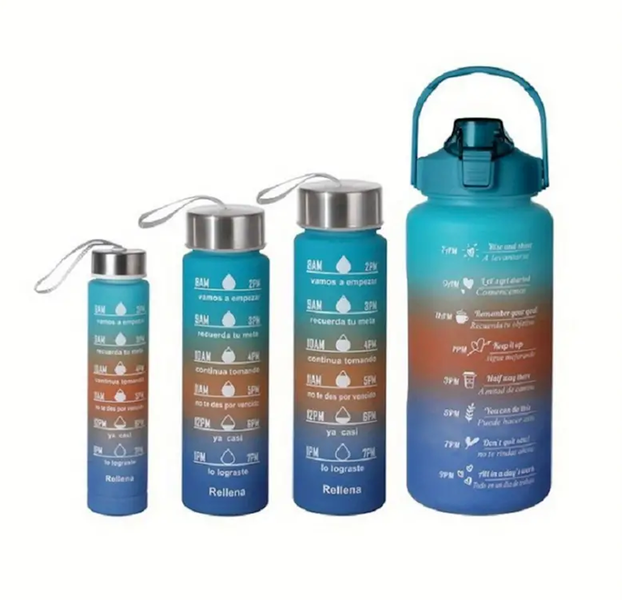 Motivational Sports Water Bottle Set With Time Marker - Sky Blue - 4-Piece