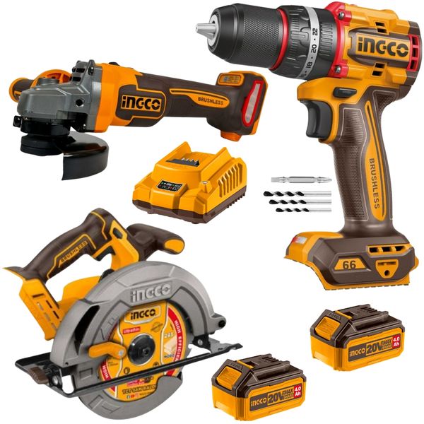 Ingco - Cordless Angle Grinder, Drill, Circular Saw, 2x Batteries &amp; Charger
