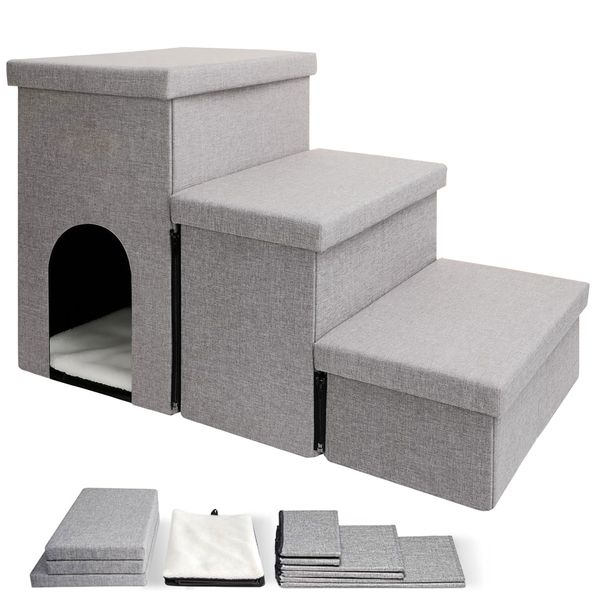 Adjustable Dog Steps Stairs with 3 Built-In Storage Box Foldable Pet Stairs