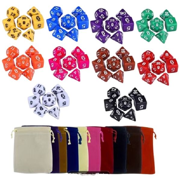 10-Color Polyhedral Dice Set with Matching Dice Bags (70 Pieces)