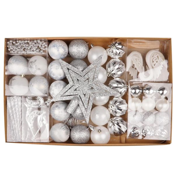 A&amp;K - Christmas Set of 60 Silver &amp; White Bauble Pack