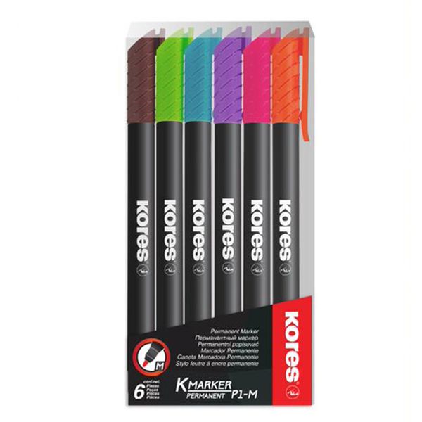 Kores K-Marker P1 Permanent Marker, Assorted Colours, Wallet of 6