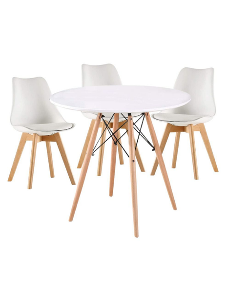 Modern Wooden Round Dining Table with 3 Set of Soft Padded Chairs Set-Black
