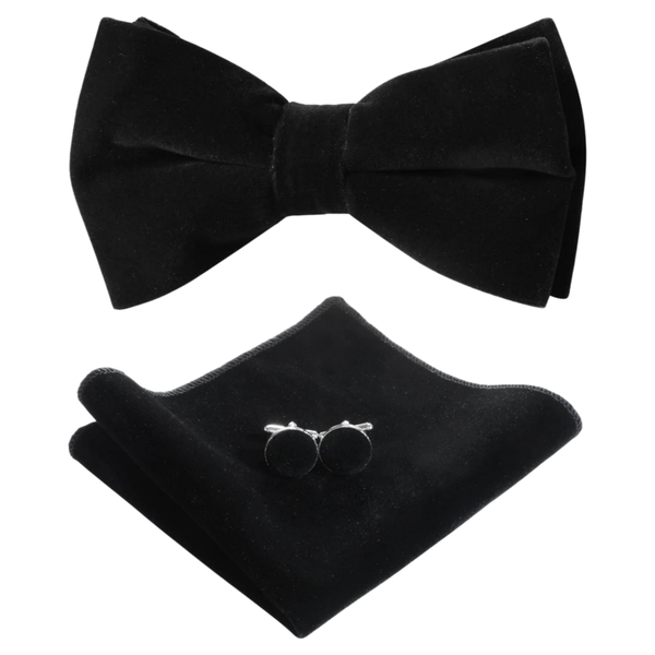 OQIMAX Men'S Pre-Tied Velvet Bow Tie Set With Cufflinks And Pocket Square