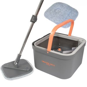 Creative Deco BASICS 360 Rotating Mop &amp; SQUARE Bucket Set With 2 Pads