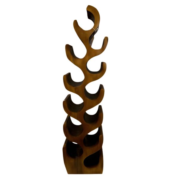 Wooden Wine Bottle Rack - Tall Sculptural Wave Display Stand | Solid Wood