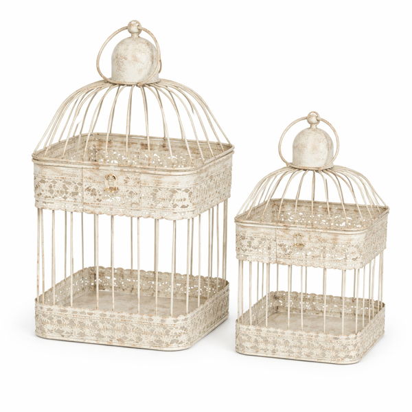 Vintage Cream Metal Bird Cage Candle Holder Set - 2 Piece