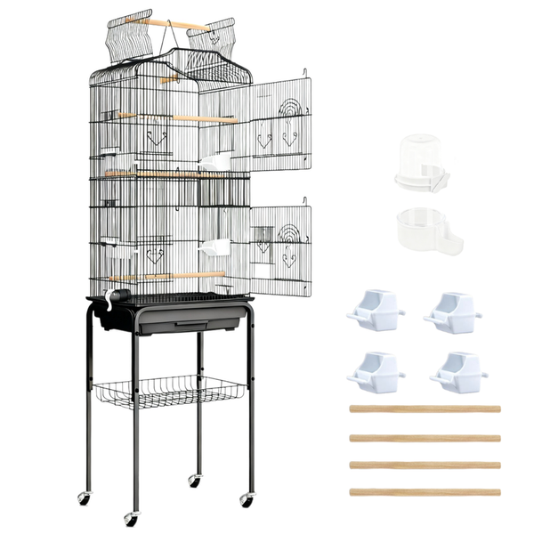 Pet Parrot Cage With Rolling Stand Perches And Food Bowls