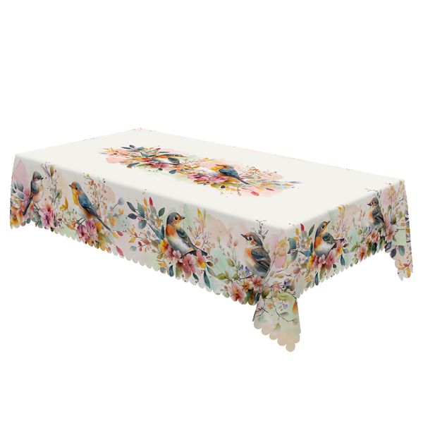 Watercolor Birds &amp; Floral Tablecloth for Rustic Home Dining &amp; Events