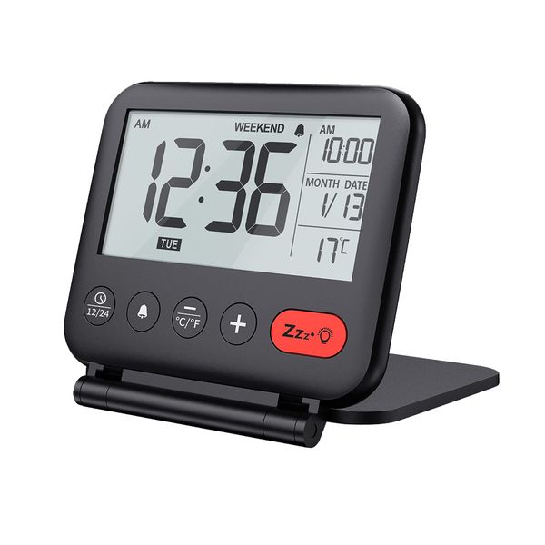 Portable LCD Travel Clock with Backlight Calendar Temperature Snooze Mirror