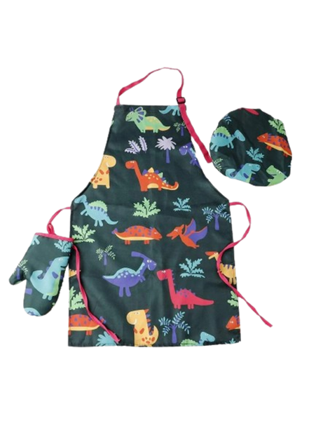 3 Piece Dinosaur Print Apron &amp; Baking Hat &amp; Oven Glove for a little Chef