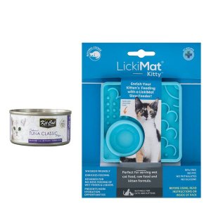 LickiMat Classic Kitty Turquoise + kit cat tuna classic topper tin Bundle