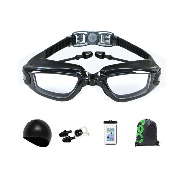 HD Anti-Fog Swimming Goggles Set &amp; Accessories - Transparent Black