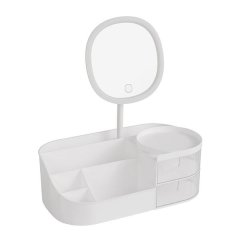 White Makeup Organiser with Drawer &amp; LED Light Mirror Cosmetic Storage Box