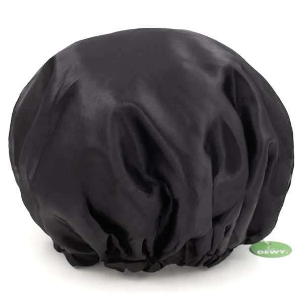 Dewy - Satin Shower Cap / Bath Hat for Hair – Double Lined, Large (Black)