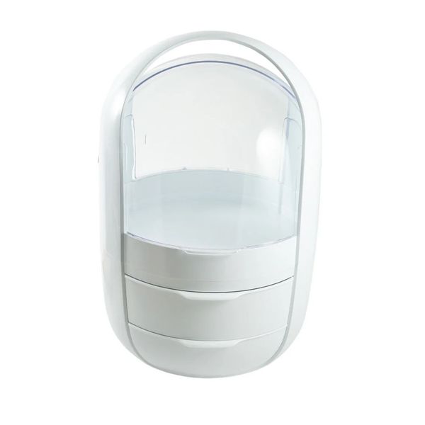 2 Drawers Makeup Cosmetic Travel Storage Box &amp; Top Transparent Lid - White
