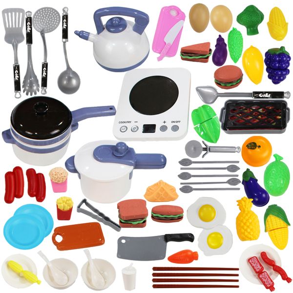64 Piece Pretend Play Kitchen Velcro Fruit Food Cutting Set Toys Pot Stove