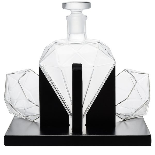 Diamond Shaped Whiskey Decanter Set with 2 Glasses and Wooden Stand