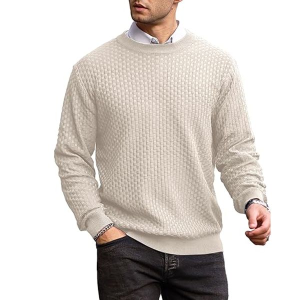 Cardigans Crewneck Sweater Pullover Waffle Knit Long Sleeve For Man Yellow
