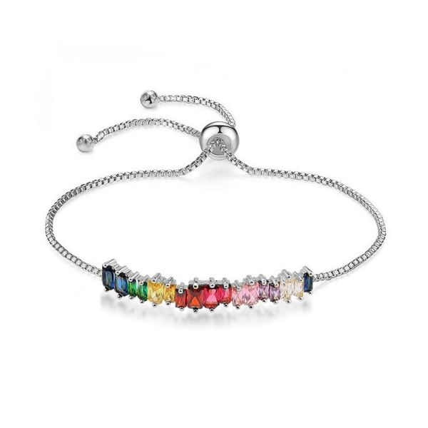 Rainbow Baguette Cubic Zirconia Bar Bracelet - White Gold Plated