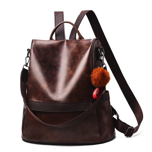Brown Leather Backpack - PU Material, Multiple Pockets, 32x15x33cm
