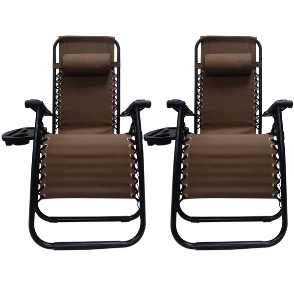 Lounger Chair Outdoor Folding Recliner Chair Set of 2 Pillows Trays Black