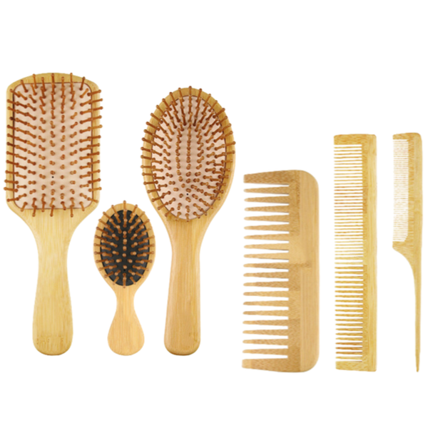6-Piece Bamboo Comb &amp; Brush Set - Natural Wood, Scalp Care, Detangling